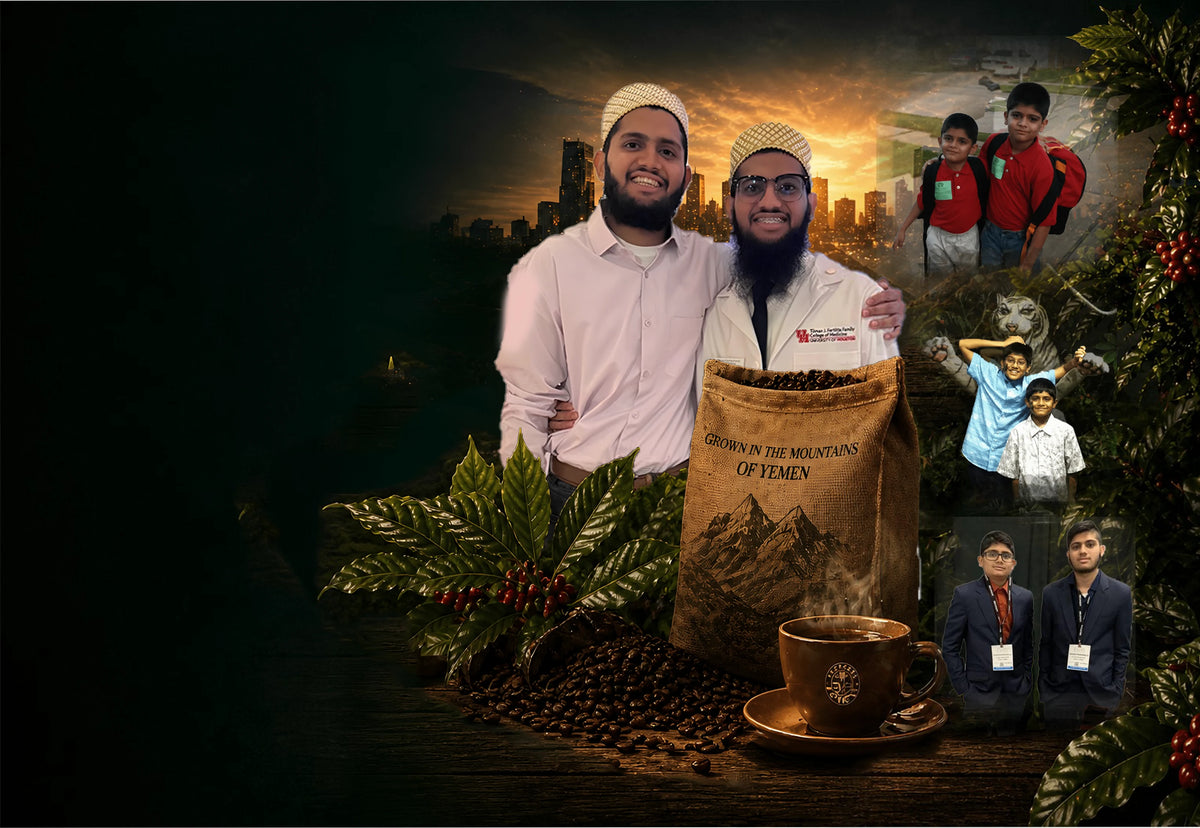 Hasan and Hussain Rangwala with a sack of Yemeni coffee